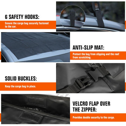 ACLONG 21 Cubic Feet Rooftop Cargo Carrier Bag, 840D Waterproof Car Roof Bag for Cars with/Without Racks, Heavy Duty Roof Top Cargo Bag with Anti-Slip Mat, 6 Door Hooks, Storage Bag & Lock