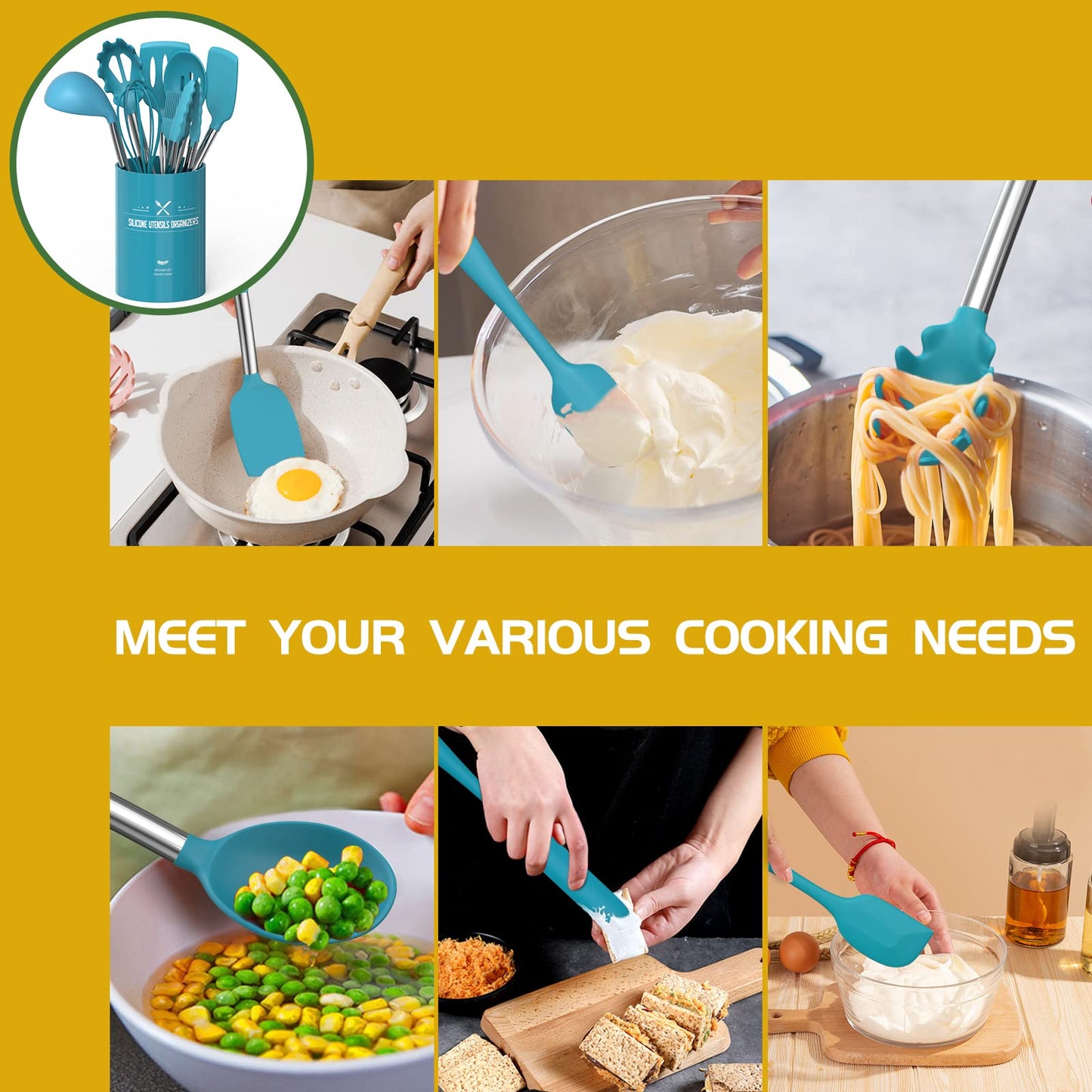15 Pcs Silicone Cooking Utensils Kitchen Utensil Set - Umite Chef 446°F Heat Resistant Stainless Steel Handles Kitchen Gadgets Tools Set for Nonstick Cookware(Blue)