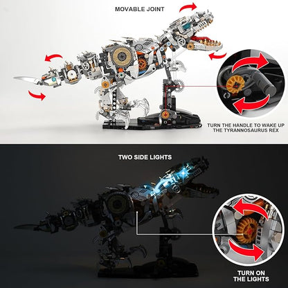 Mechanical Dinosaur Building Blocks Linkage Kit Jurassic Animal Tyrannosaurus Rex Model with Lighting &amp Display Stand STEM Toy DIY Desktop Ornament for Kids Ages 12+ Birthday Gift Idea
