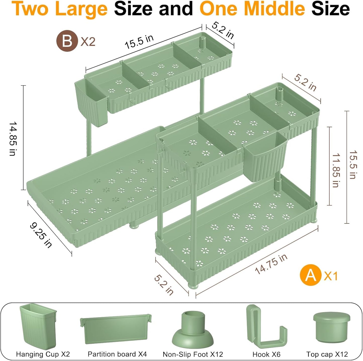 Sevenblue Multi-Purpose Under Sink Organizers - 3 Pack L-Shaped Pull Out Storage for Bathroom & Kitchen | Green, 14.85 Inch