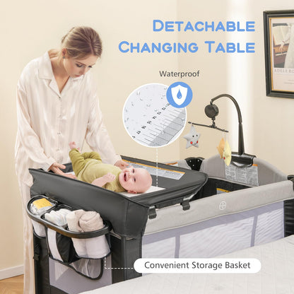 INFANS Pack and Play, 5 in 1 Baby Bedside Sleeper with Bassinet, Diaper Changer, Mattress, Carry Bag, Music Box Hanging Toys, Foldable Bedside Crib, Portable Playard for Newborn Toddlers (Gray)