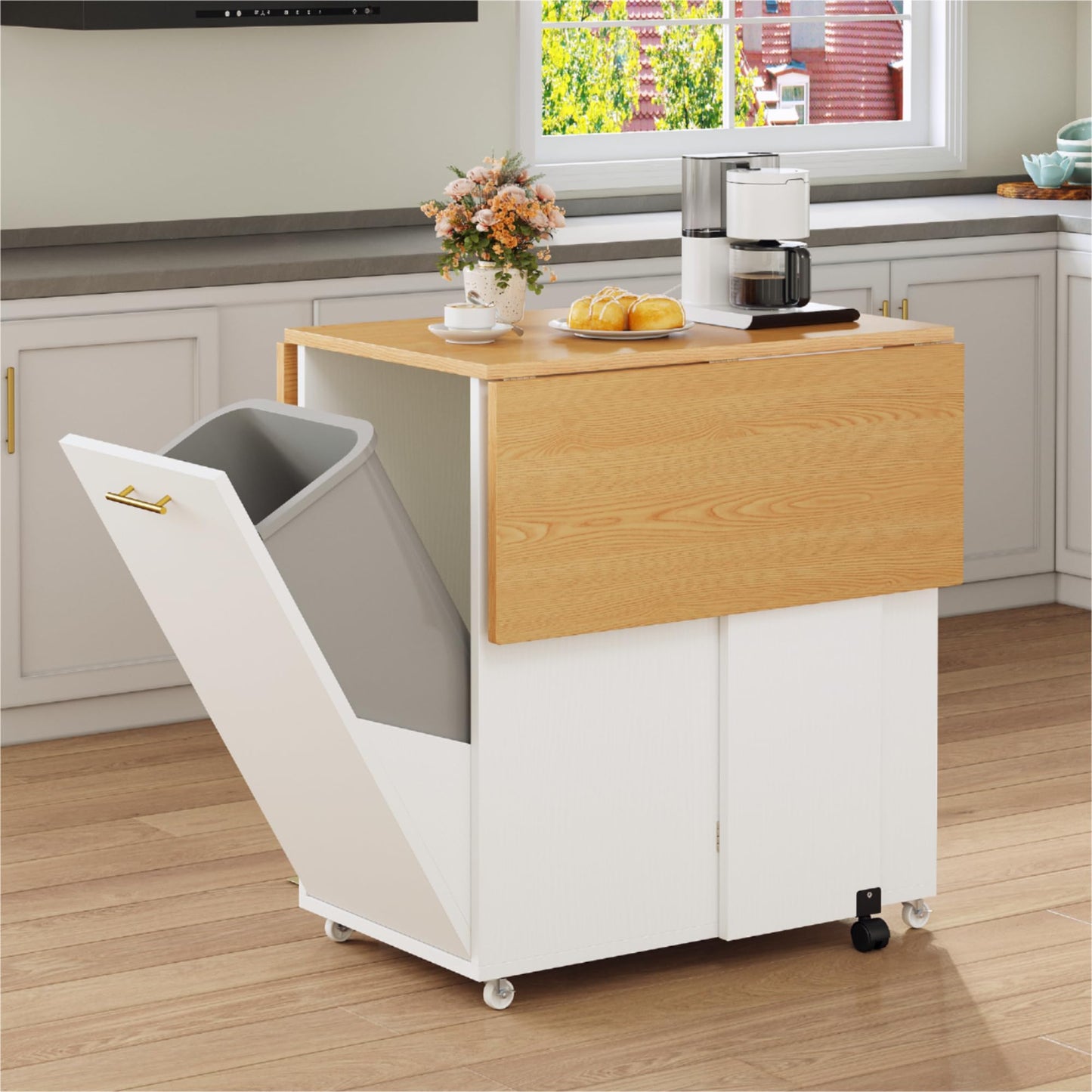 YITAHOME Folding Kitchen Table with Power Outlet, Drop Leaf Kitchen Table Islands for 2 on Wheels, Convertible Trash Can Storage Cabinet for 10 Gallon Garbage Bin, Adjustable Storage Racks, Wihte Oak