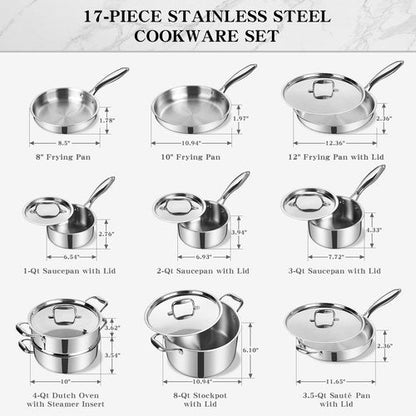 EWFEN Stainless Steel Cookware Set, 3 Ply 17 Piece Stainless Steel Pot and Pan Set, Oven Dishwasher Safe | Induction Compatible Frying Pans, Saucepans, Saute Pan & Stock Pot, PFOA, PTFE & PFOS Free