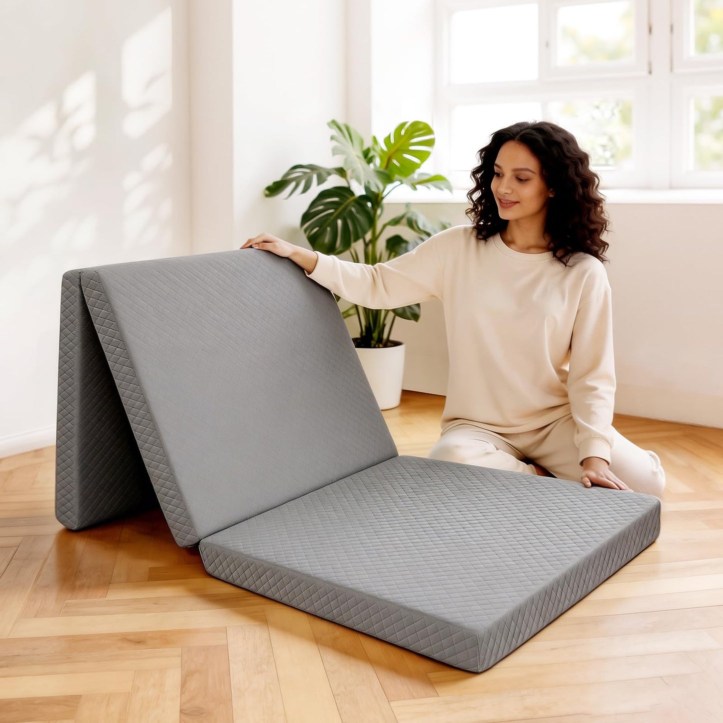 Tri-Folding Mattress, 3 Inch Portable Folding Mattress Topper with a Collapsible and Washable Cover, Portable Floor Bed for Travel, Fold Up Guest Bed, Camping and Yoga (Queen, Gray)
