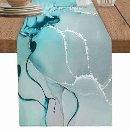 Marble Turquoise Teal Aqua Table Runner 90 Inches Long,Cotton Linen Modern Kitchen Dinner Dining Table Runners Decor Long Dresser Scarf,Burlap Tablerunner for Coffee/Dining/Party/Wedding Table