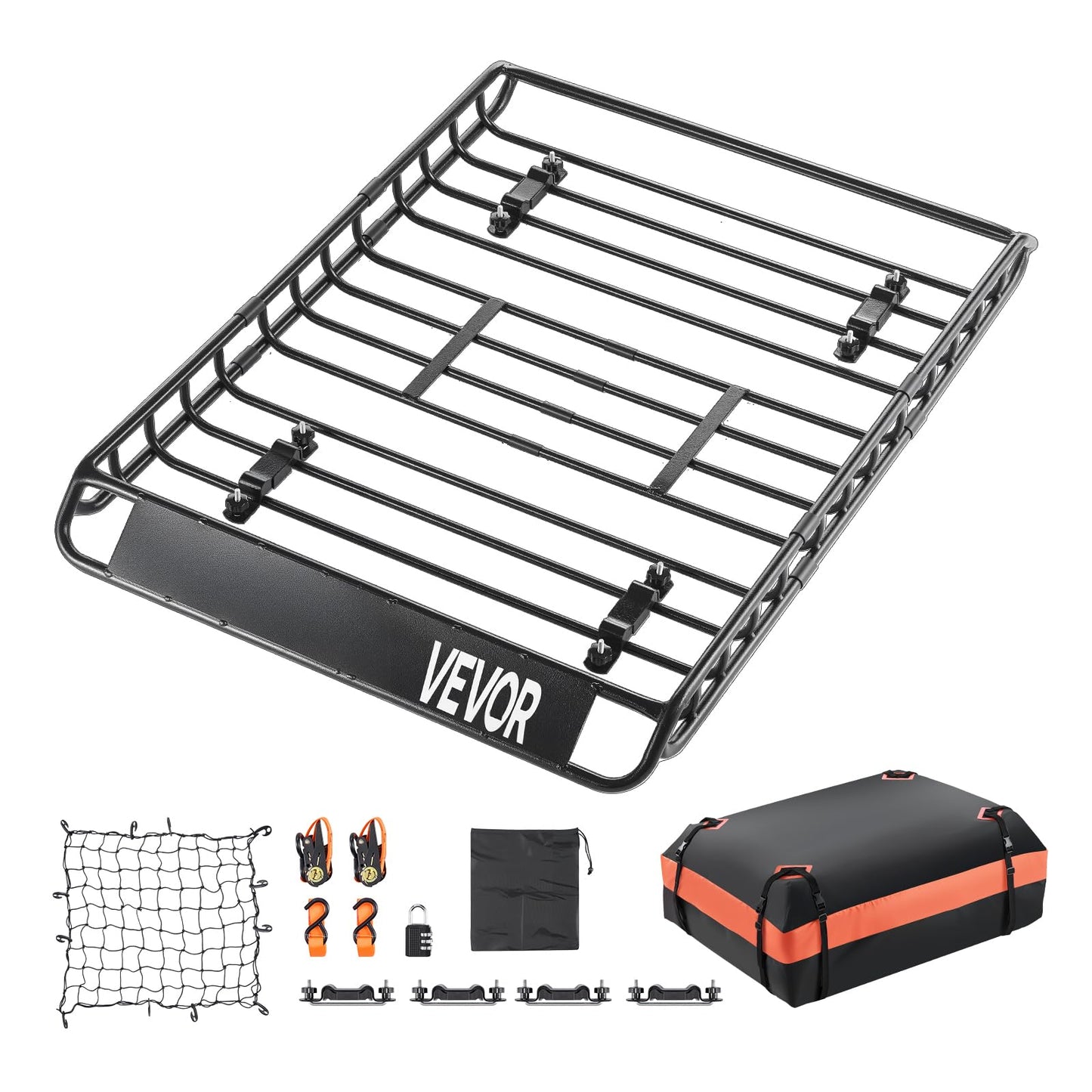 VEVOR Roof Rack Basket, 51 x 36 x 4.1 in, Universal Rooftop Cargo Carrier with 1120 x 870 x 260 mm Cargo Bag, Net, Ratchet Straps, 200 lbs Max Load Capacity Car Top Luggage Holder, for SUV Truck Car