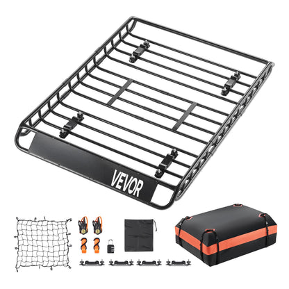 VEVOR Roof Rack Basket, 51 x 36 x 4.1 in, Universal Rooftop Cargo Carrier with 1120 x 870 x 260 mm Cargo Bag, Net, Ratchet Straps, 200 lbs Max Load Capacity Car Top Luggage Holder, for SUV Truck Car