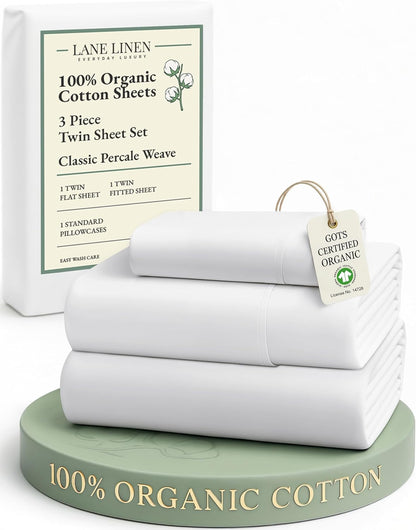 LANE LINEN 100% Organic Cotton Twin Sheets Set - Soft & Breathable Percale 3-Piece Bedding in White