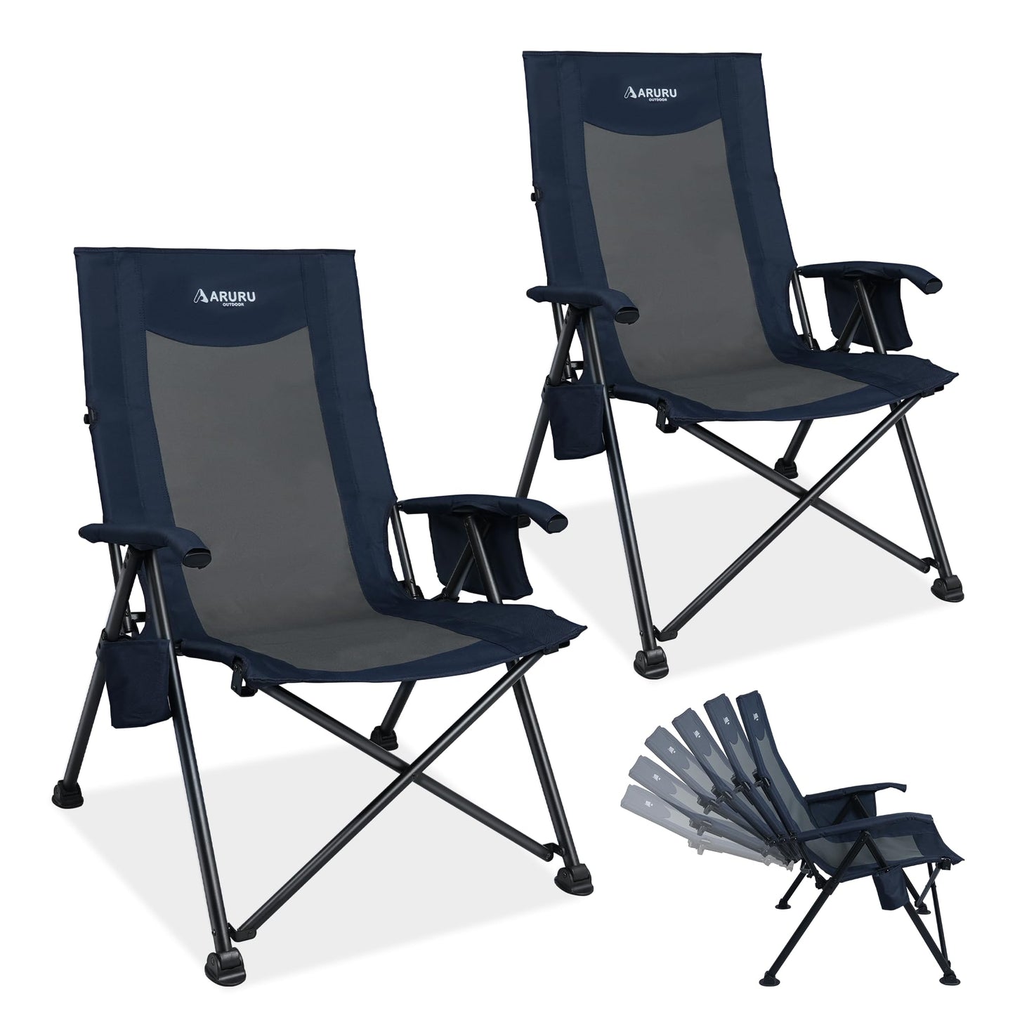 ARURU Reclining Camping Chair for Adults Heavy Duty, Folding Recliner Lawn Chairs with 6-Positions Adjustable High Back, Portable Patio Lounge Chairs for Outdoor Poolside Sports Beach