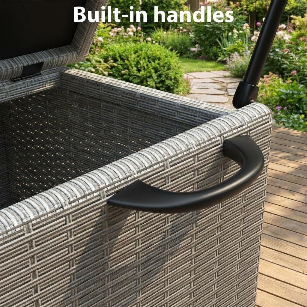 125 Gallon Outdoor Wicker Deck Box, All-Weather Waterproof Patio Storage with PE Rattan Finish & Steel Frame, for Cushions, Garden Tools, Pool Supplies, Lockable Gray Storage Box with Soft-Close Lid