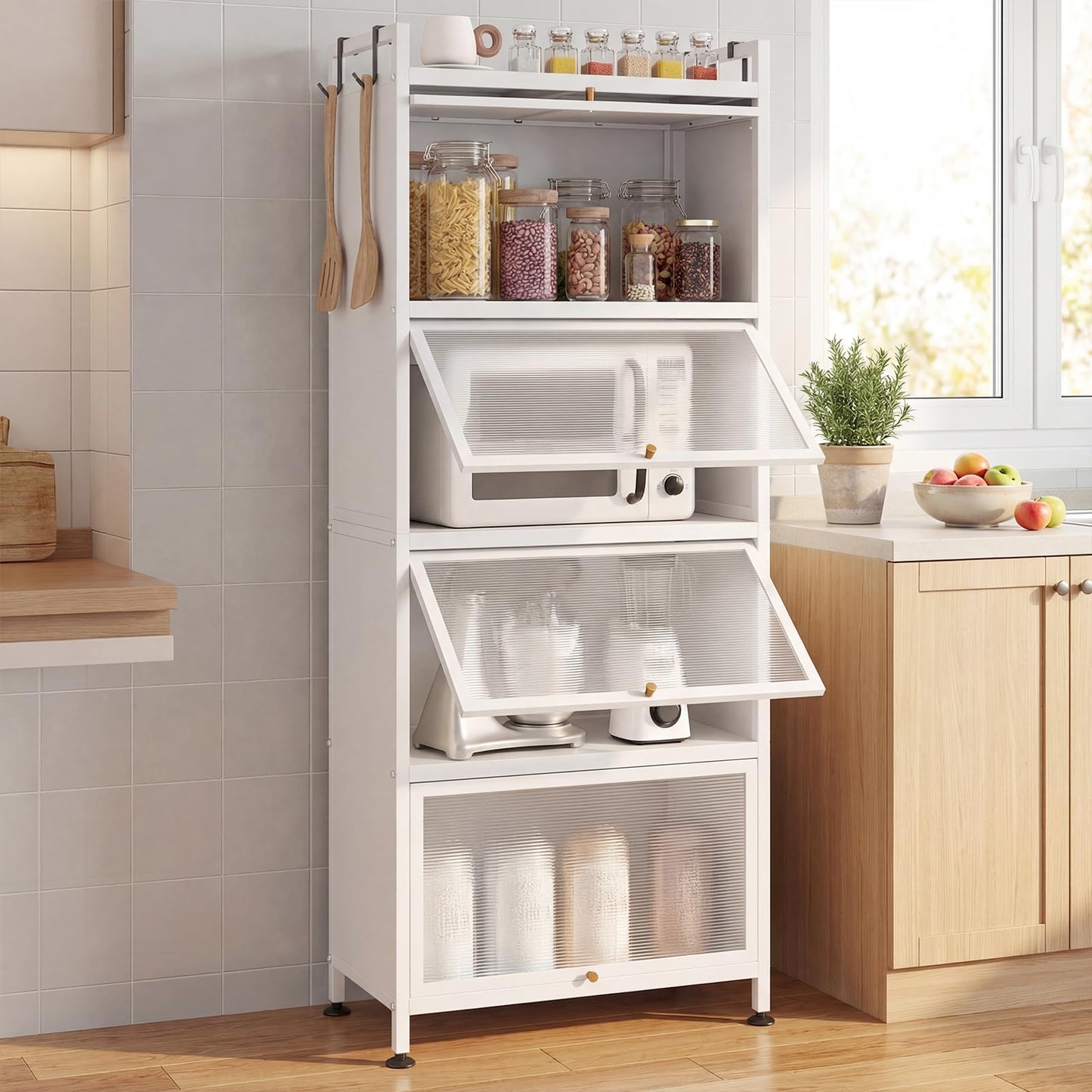 Giantex 5-Tier Kitchen Storage Cabinet, Mobile Microwave Stand with Flip-up PC Doors, Freestanding Kitchen Bakers Rack with 4 Rolling Casters, for Dining Room, Living Room and Study (White)