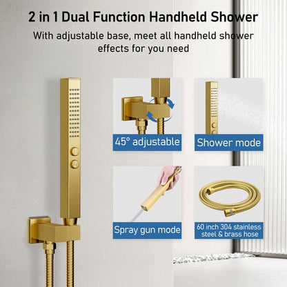 Brushed Gold Shower System Shower Faucet Set, STARBATH 6"+12" Ceiling Mount Rain Shower Head and Handheld Spray for Two Person, Shower Faucet Set with Diverter Valve and Trim Kit Complete