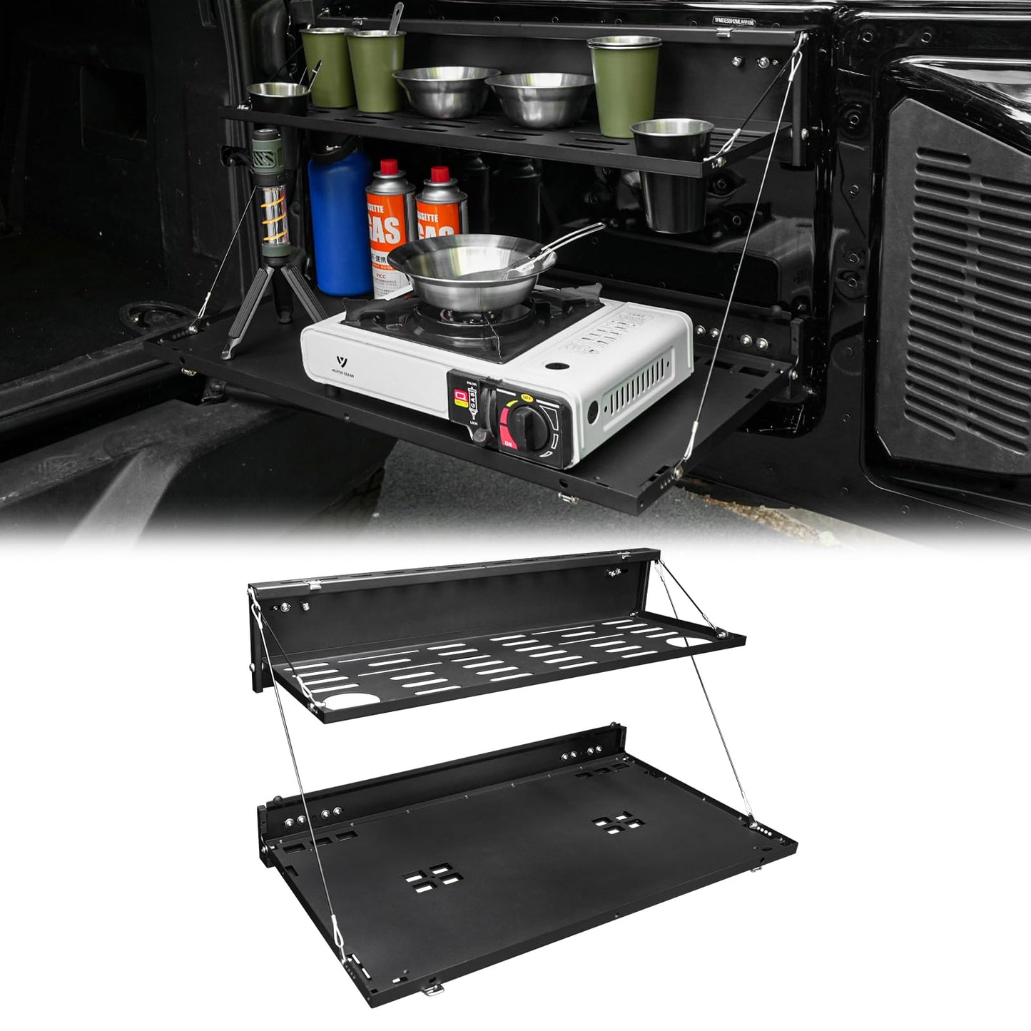 2-Tier Tailgate Table Molle Panel Compatible with Ford Bronco 2021-2025 Foldable Rear Storage Cargo Rack Shelf Camping Desk(Not Fit Bronco Sport)
