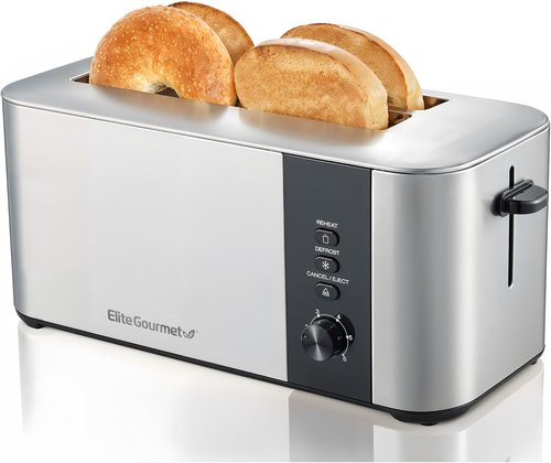 Elite Gourmet Long Slot 4-Slice Toaster - 1.5” Wide Slots, 6 Shade Settings, Stainless Steel Finish