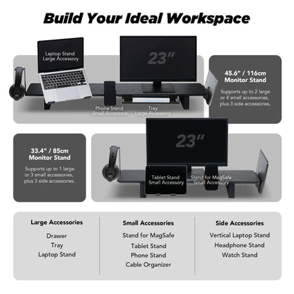 ULTRARM Moodular Wooden Monitor Stand 45.6” (116cm) Large Desk Organizer with Metal Slide Rails for Drawer, Tray, Laptop, Tablet, Phone & Headphones Customizable Riser for Organized Workspace Walnut