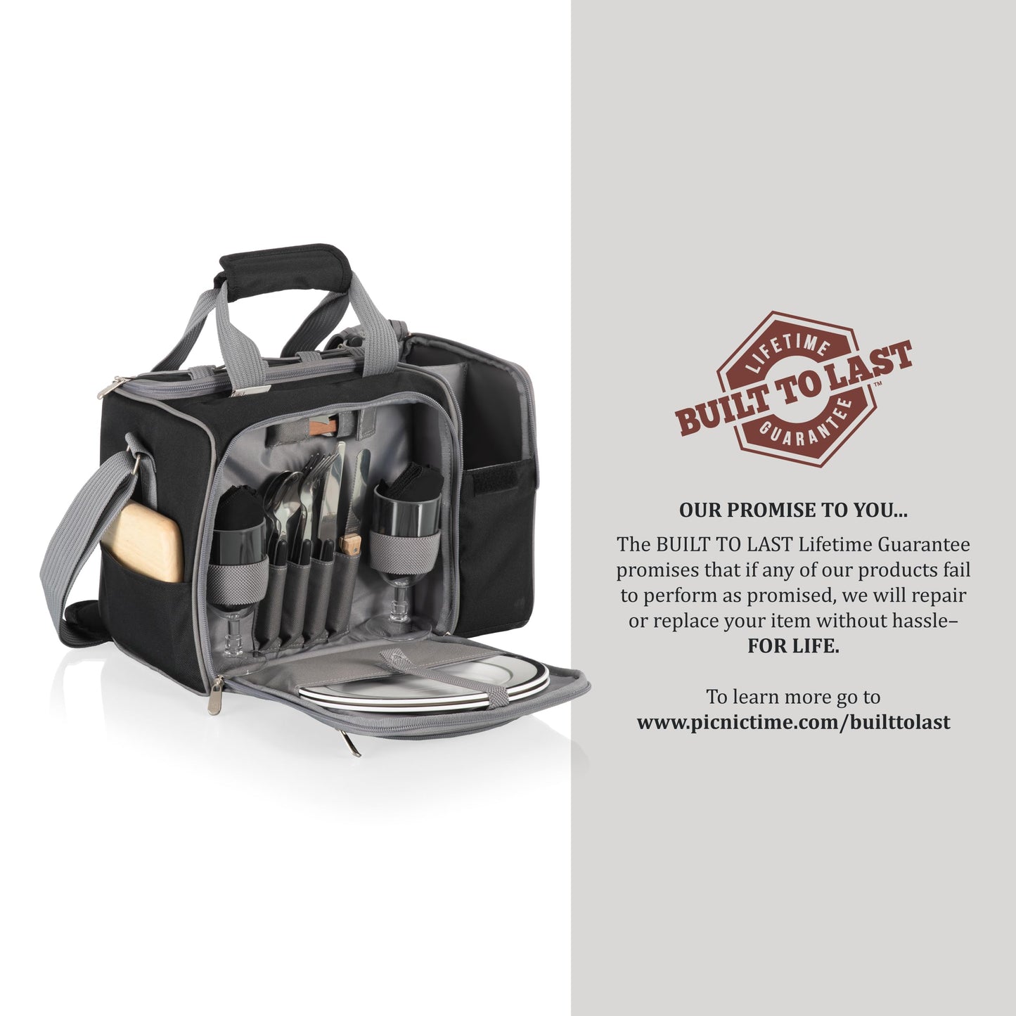 PICNIC TIME Malibu Picnic Basket Cooler, Full Service Lunch Bag for 2, Easy Carry Modern Cooler Bag, Water-Resistant Insulated Lunchbag with Shoulder Strap, (Heathered Gray with Black Accents)