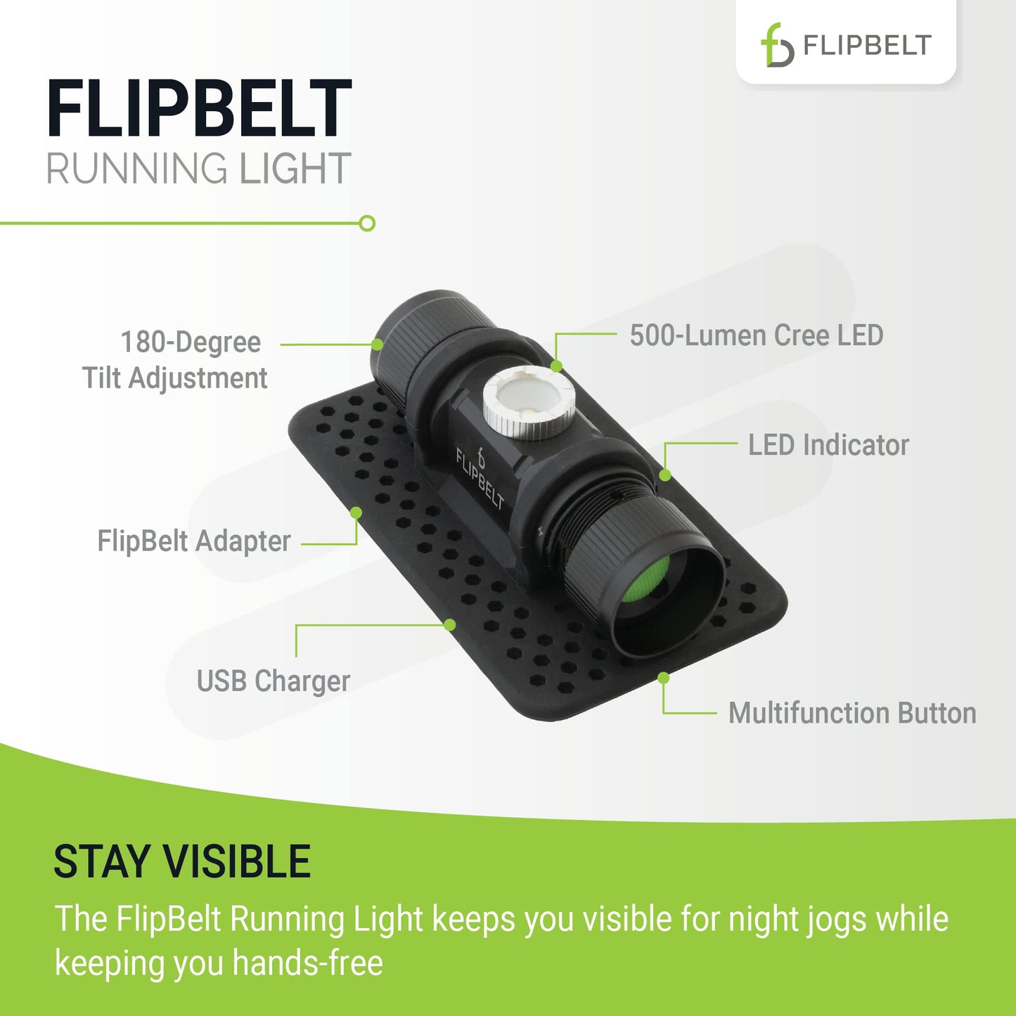 FlipBelt Night Running Light Waist Lamp | USA Company | USB Rechargeable, 500 Lumens, Waterproof, Adjustable Brightness | White LED Lights for Runners