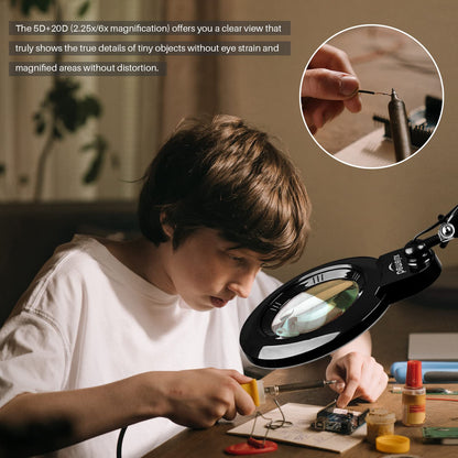 bemelux Bifocals Magnifying Desk Lamp with Clamp, 5 Diopter with 20 Diopter, 6 Inch Detachable Lens and 120PCS LEDs, 3 Color Modes 1200 Lumens Swivel Arm Magnifying Lamp with Light for Crafts (Black)