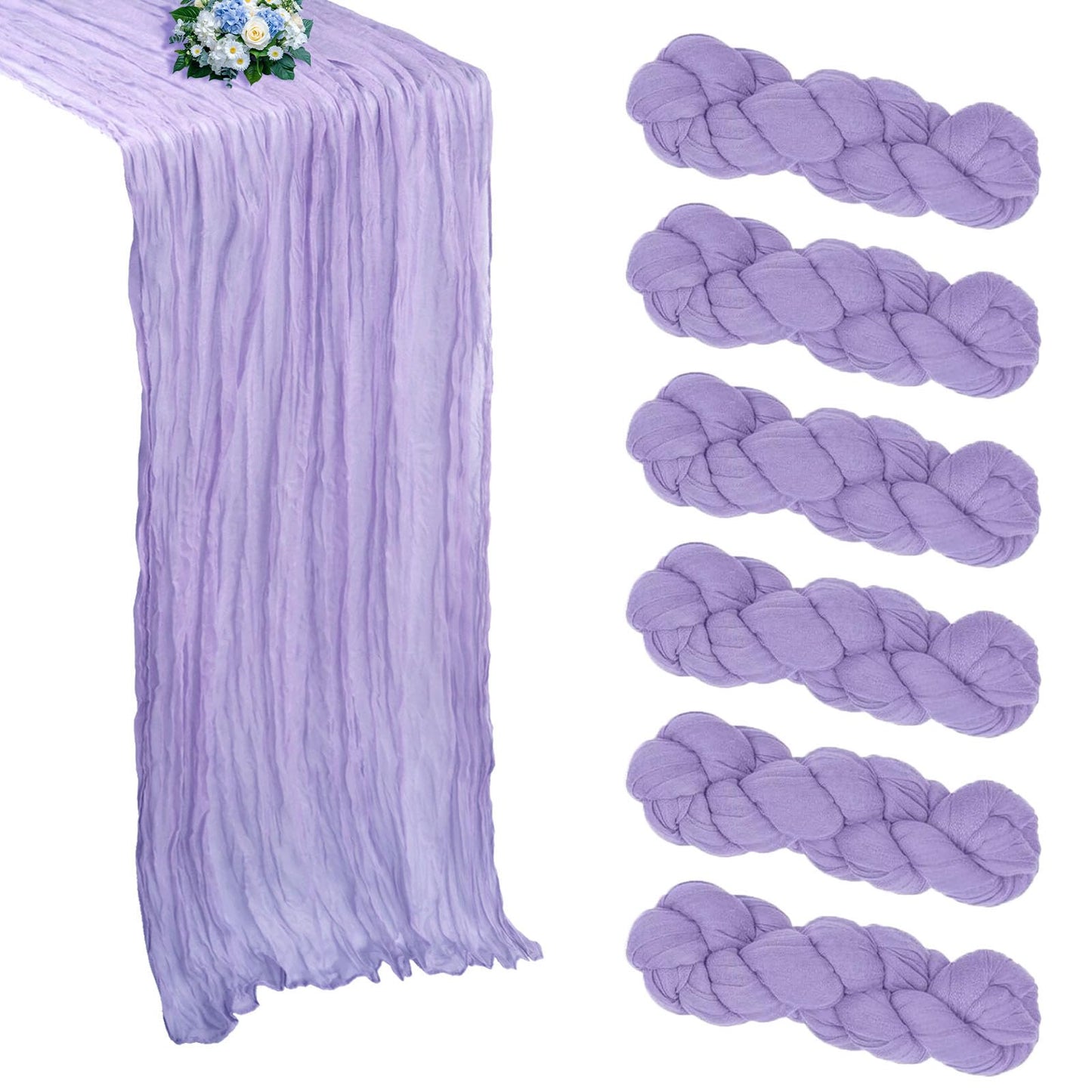 RestfulGlow 6 Pack Lavender Purple Cheesecloth Table Runner 10FT Boho Cheese Cloths Fabric Table Runners 120 Inch Rustic Sheer for Summer Wedding Birthday Party Baby Shower Home Decorations