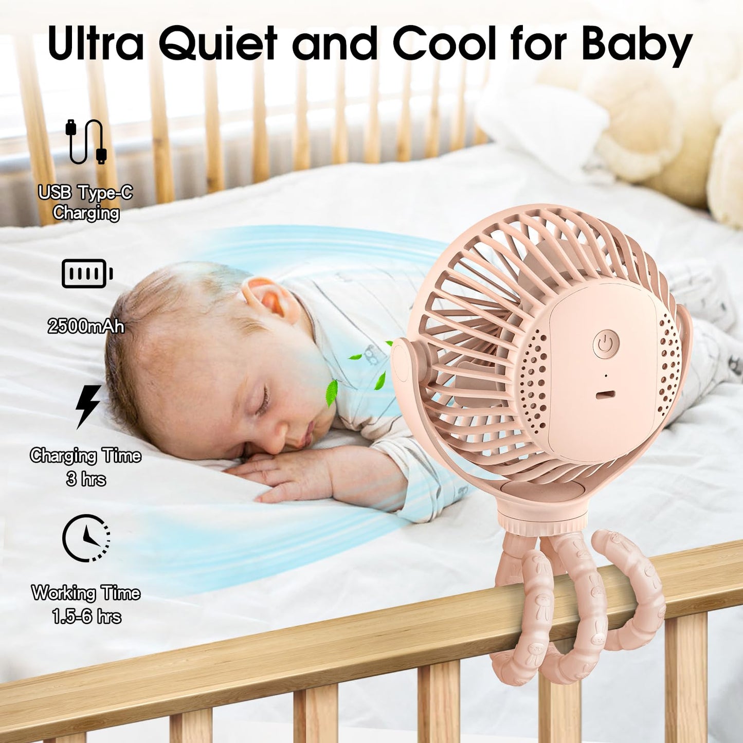 Portable Stroller Fan, Small Battery Powered Fan with Flexible Tripod Clip-on for Baby, USB Rechargeable Mini Handheld Desk Fan for Travel, Camping, Treadmill, Car Seat, Crib, Bike, Bedroom (Pink)