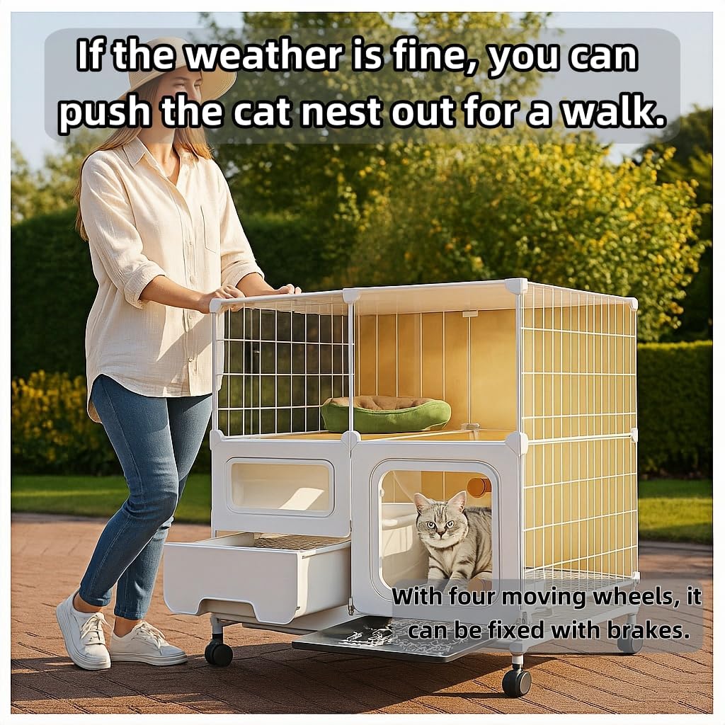 cat cage Indoor with Litter Box, Complimentary Bed, Bowl,Cleaning Three piece Set,cat Enclosure, Kennel,Pet Cage, Cat House with Wheels(28″(L) x18.1″(W) x32.3″(H)