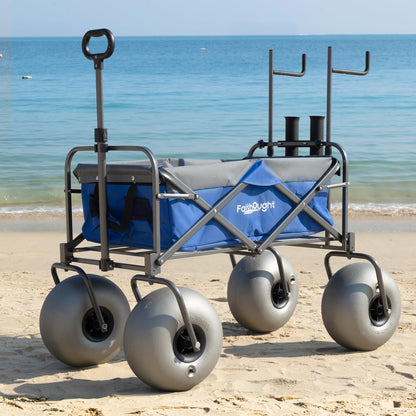 13" Balloon Bubble Wheel Beach Cart Collapsible Wagon with Big Fat All Terrain Inflatable Air Tire, Large Outdoor Wagon & Fishing Cart with Balloon Tire, Dolly with Big Wheels for Sand Camping (Blue)