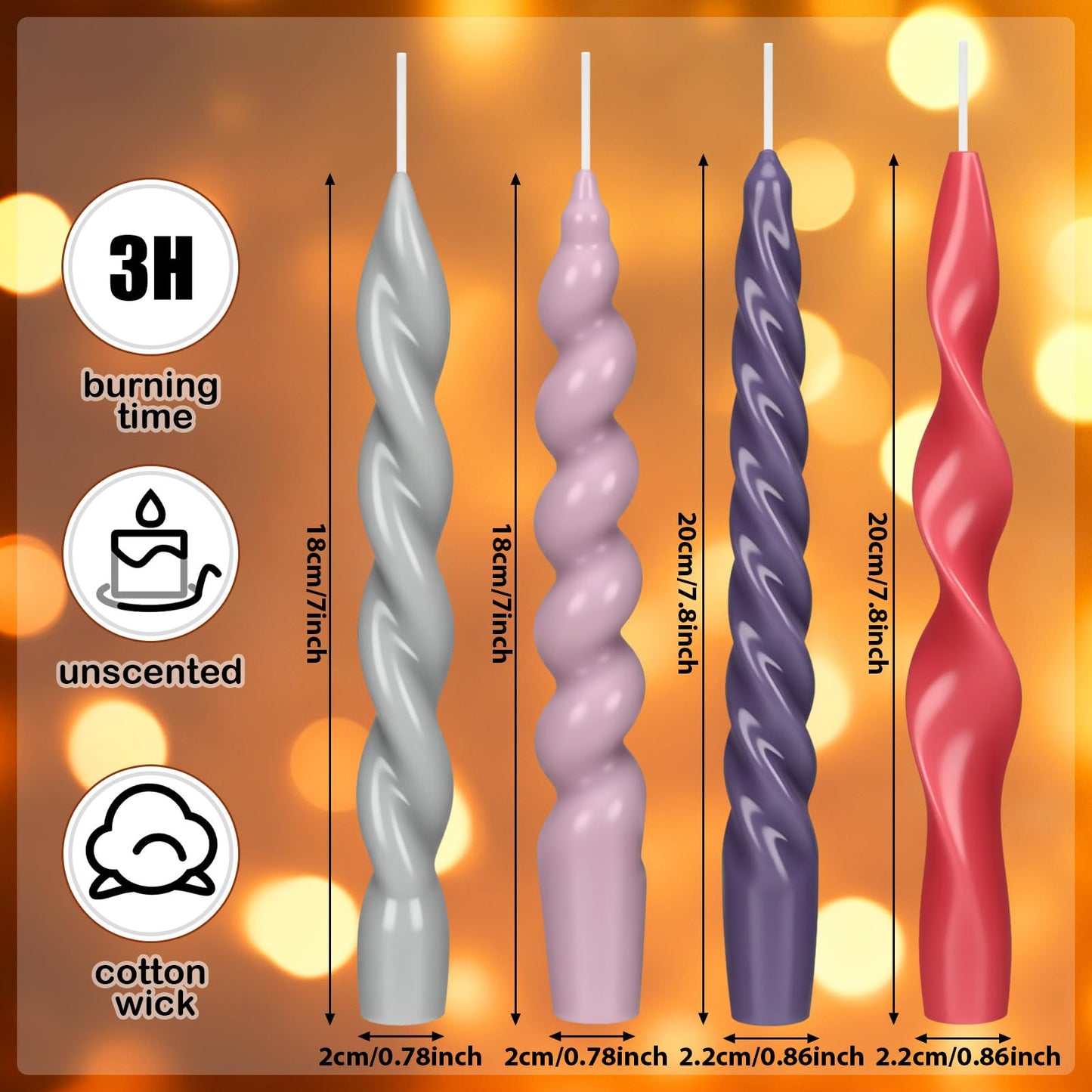 Nuanchu 4 Pcs Twisted Taper Candles Wax Unscented Smokeless Spiral Swirl Candlesticks for Wedding Holiday Dinner Party Home Decorations(7.87 Inch,Pure,Muted Pastels)