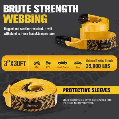 BUNKER INDUST Offroad Traction Boards with Jack Base (Orange) + 3" x 30ft Recovery Straps + Pair 3/4 D Ring Shackles + Bag 35,000 lbs Tree Saver Winch Strap