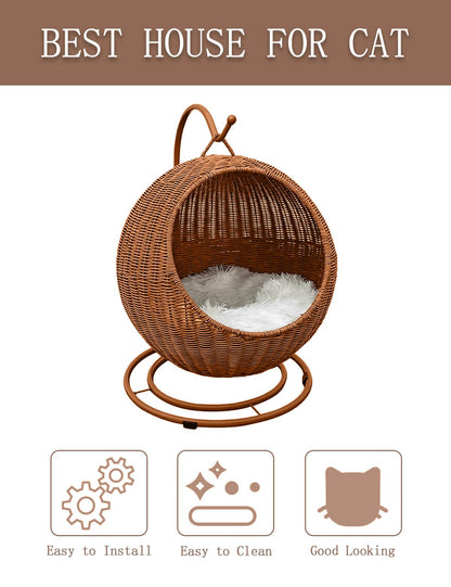 CIHTL Wicker Cat Bed Indoor & Outdoor, Handwoven PP Rattan Cat Swing Bed with Removable Washable Cushion, Breathable Waterproof Cat House for Cats & Small Dogs (Large–16.9" L × 25.98" H)