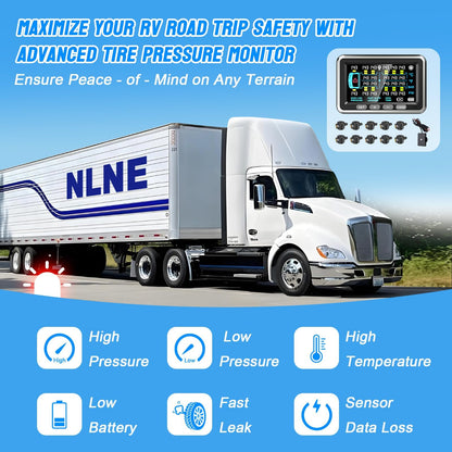 NLNE Trailer Tire Pressure Monitoring System 10 Sensors, 4.5" RV TPMS with Flow Through Sensor,6 Alerts Modes Monitor for Semi Truck/Camper/5th Wheel,Motorhome,Signal Booster,0-188PSI(4-22 Sensors)