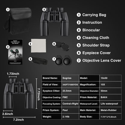 Sogries 10x50 Binoculars for Adults High Powered Binoculars for Bird Watching Long Distance IPX7 Waterproof Fully Multi-Coated BAK4 Prism Optics for Hunting Travel Birding Stargazing