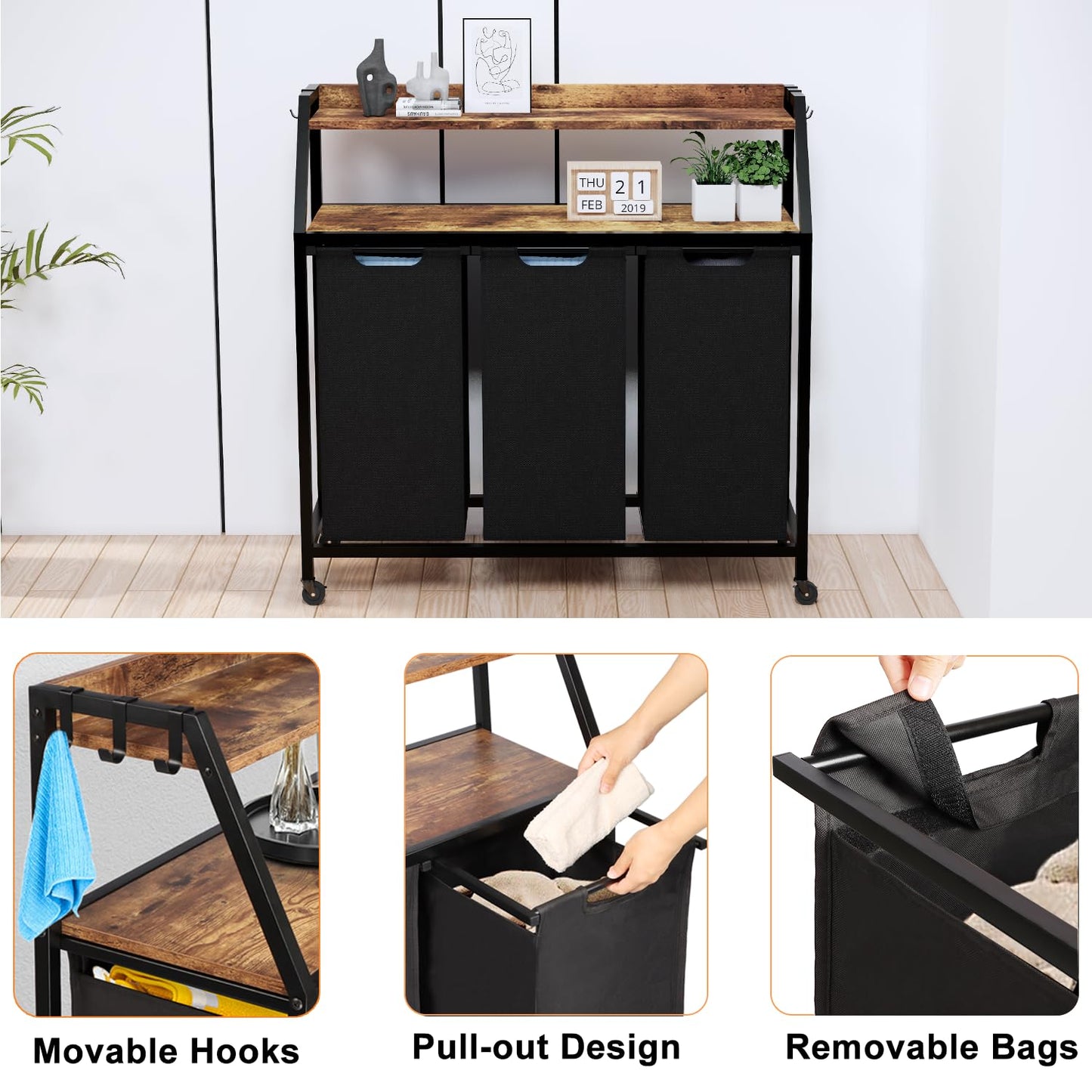 Timberer Laundry Hamper, Laundry Sorter 3 Section, Rolling Laundry Basket with Wheels, 2 Shelves, 3 × 14.5 Gal, Pull-Out and Removable Oxford Fabric Bags, for Laundry Room, Black and Rustic Brown