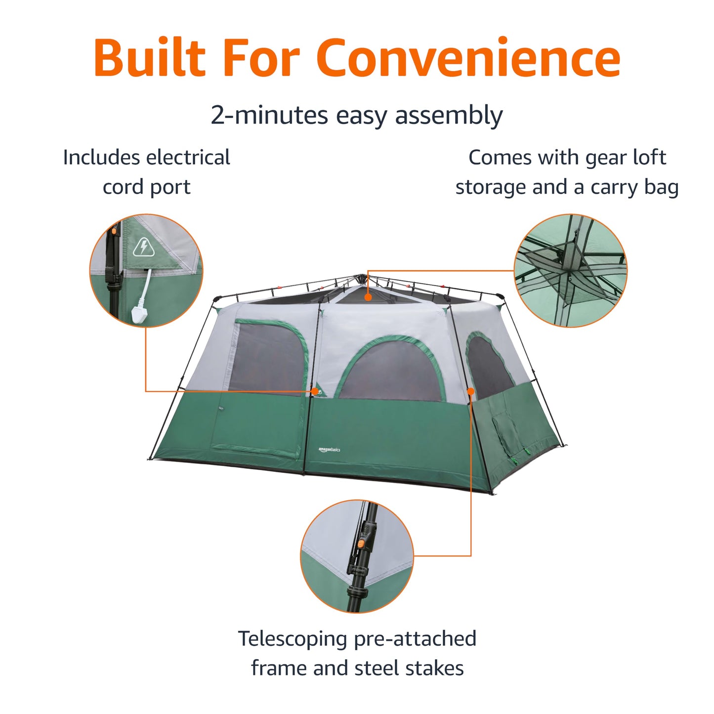 Amazon Basics 10-Person Instant Camping Tent with Rainfly, Easy Setup, Weather-Resistant, for Family Camping and Hiking, Mesh Windows, Ventilation, Storage Pockets, Green