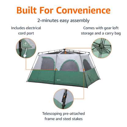Amazon Basics 10-Person Instant Camping Tent with Rainfly, Easy Setup, Weather-Resistant, for Family Camping and Hiking, Mesh Windows, Ventilation, Storage Pockets, Green