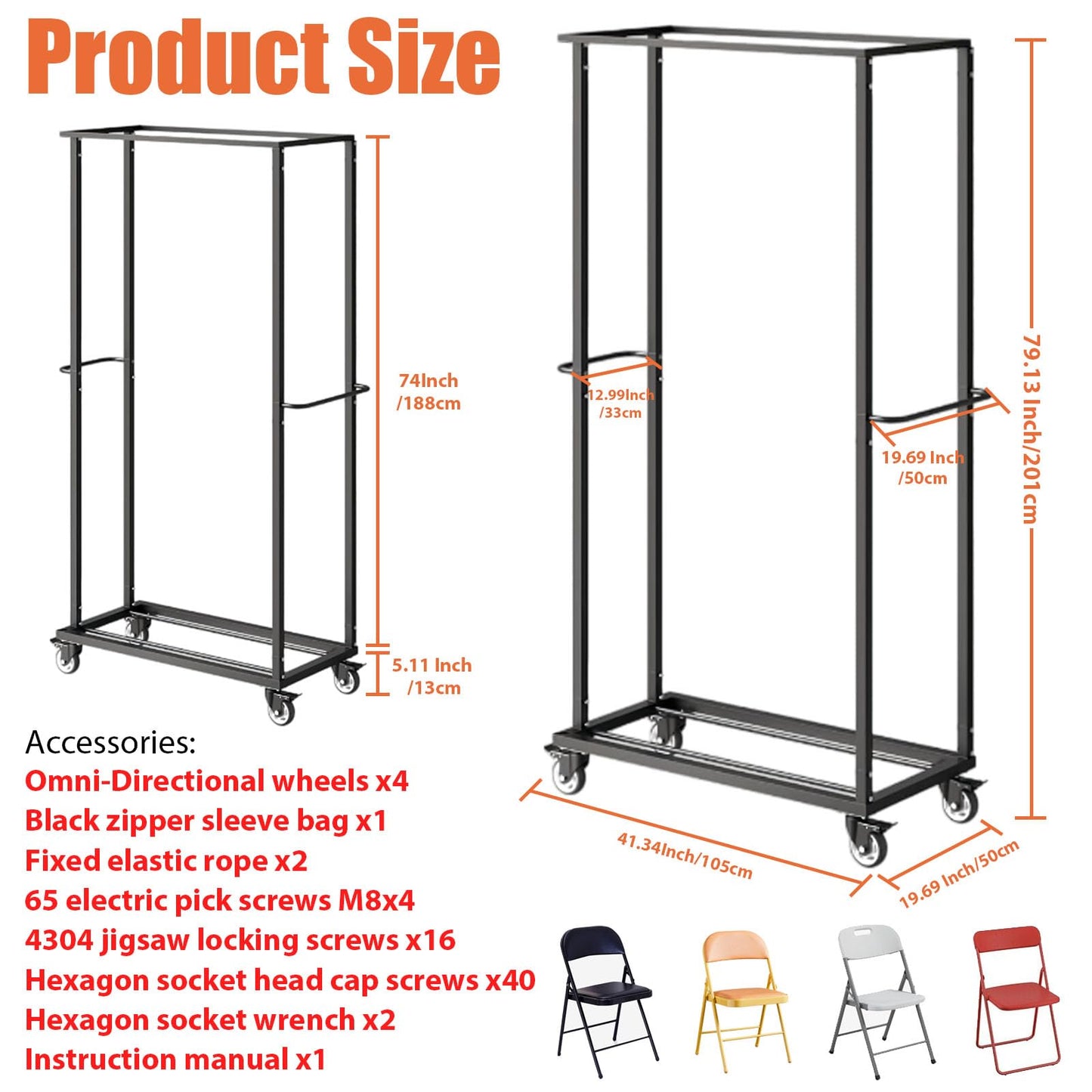 Folding Chair Rack, Folding Chair Cart with Wheels Heavy Duty, 500 LBS Capacity for 60 Chairs Chair and Table Cart w/Dust Cover and 2 Binding Ropes, 80”Lx42”Wx20”H