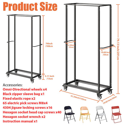 Folding Chair Rack, Folding Chair Cart with Wheels Heavy Duty, 500 LBS Capacity for 60 Chairs Chair and Table Cart w/Dust Cover and 2 Binding Ropes, 80”Lx42”Wx20”H