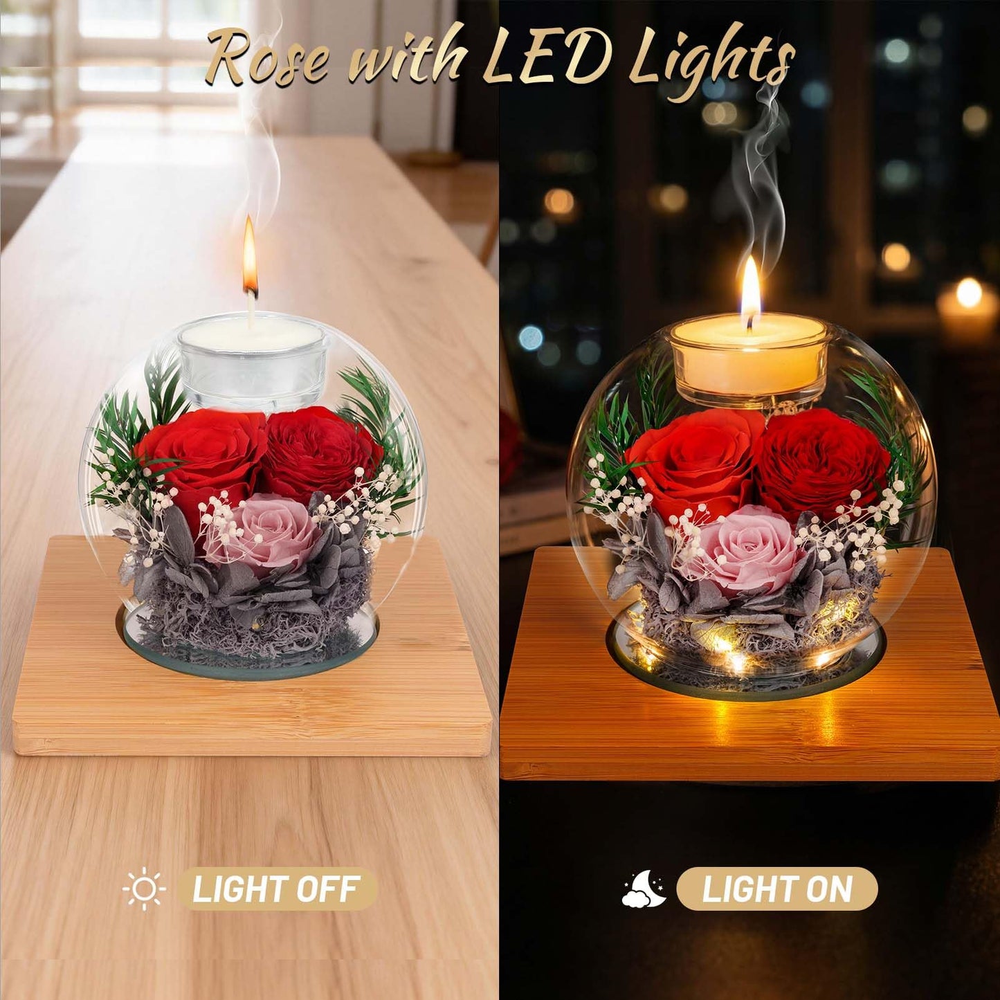 Preserved Colorful Real Rose in Glass with Scented Candles–– Forever Flower Romantic Anniversary Christmas Birthday Valentines Mothers Day Gifts for Mom, Women, Wife, Girlfriend, Her, Grandma