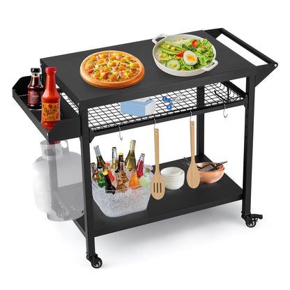 GAOMON 3-Shelf Outdoor Grill Table with Mesh Shelf, Rolling Grill Cart with Wheels, Pizza Oven & Food Prep Table, Blackstone Griddle Stand with Propane Tank Hook for Outside BBQ