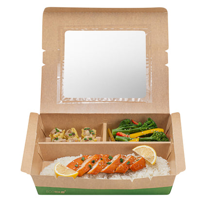 Restaurantware Paper Bento Box 100 Count 78 Ounces Paper Lunch Container Kraft Food Box, Greaseproof Disposable Three Compartment Meal Prep Box with Transparent PLA window