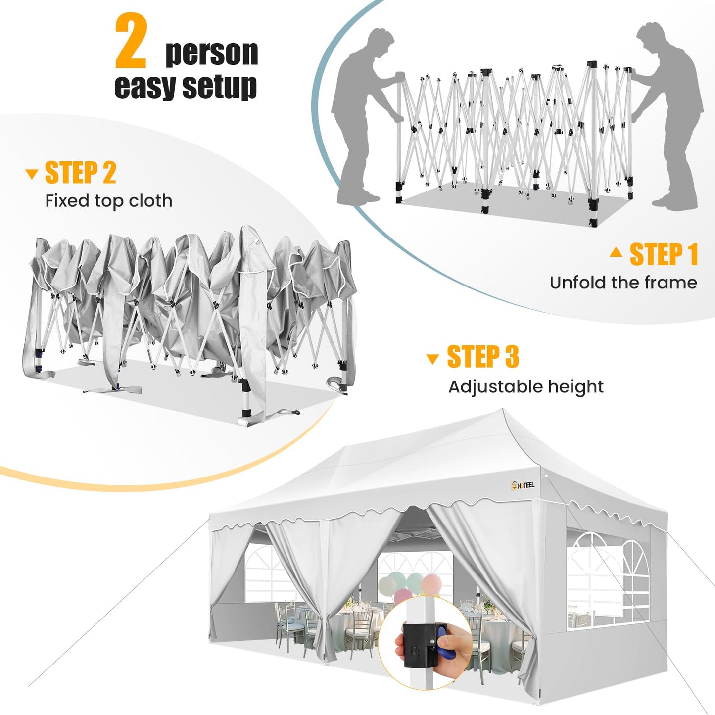 HOTEEL 10x20 Pop up Canopy Tent with 6 Removable Sidewalls, Wave Hem Roof 10x20 Canopy with Wheel Bag and 4 Sandbag, Commercial Pop up Tent Waterproof Sunshade for Market Wedding Party Stall (White)
