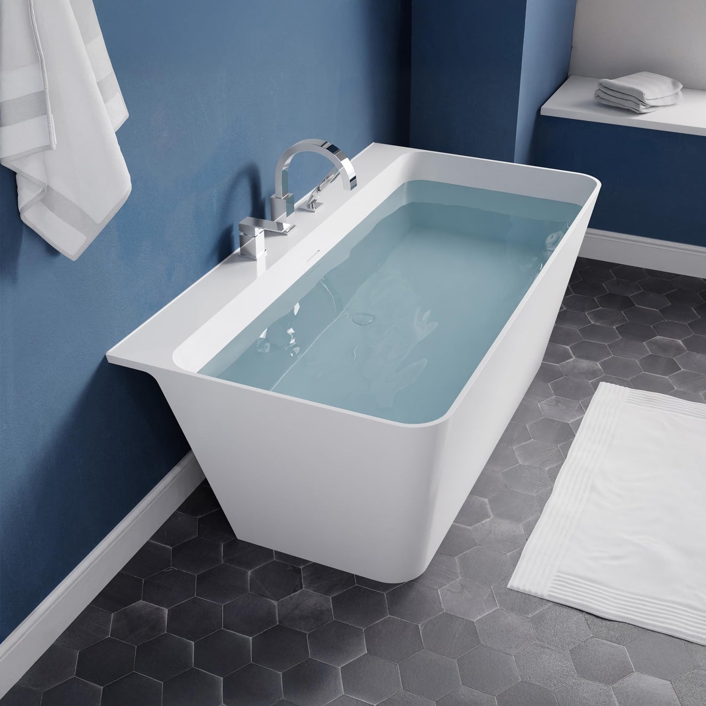 ANZZI Freestanding Tub 59," Acrylic, Modern Stand Alone Soaking Tub, Built In Drain and Overflow, Free Standing Tub with Pre-drilled Faucet Holes, Series (FT-AZ114-59)
