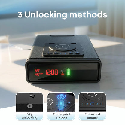 Biometric Fingerprint Gun Safe with Phone & Watch Wireless Charging, 3 Quick Access, Clock Handgun Safe with Adjustable Brightness, Backlit Keypad, Pistol safe for home, office.Gifts for Father's Day