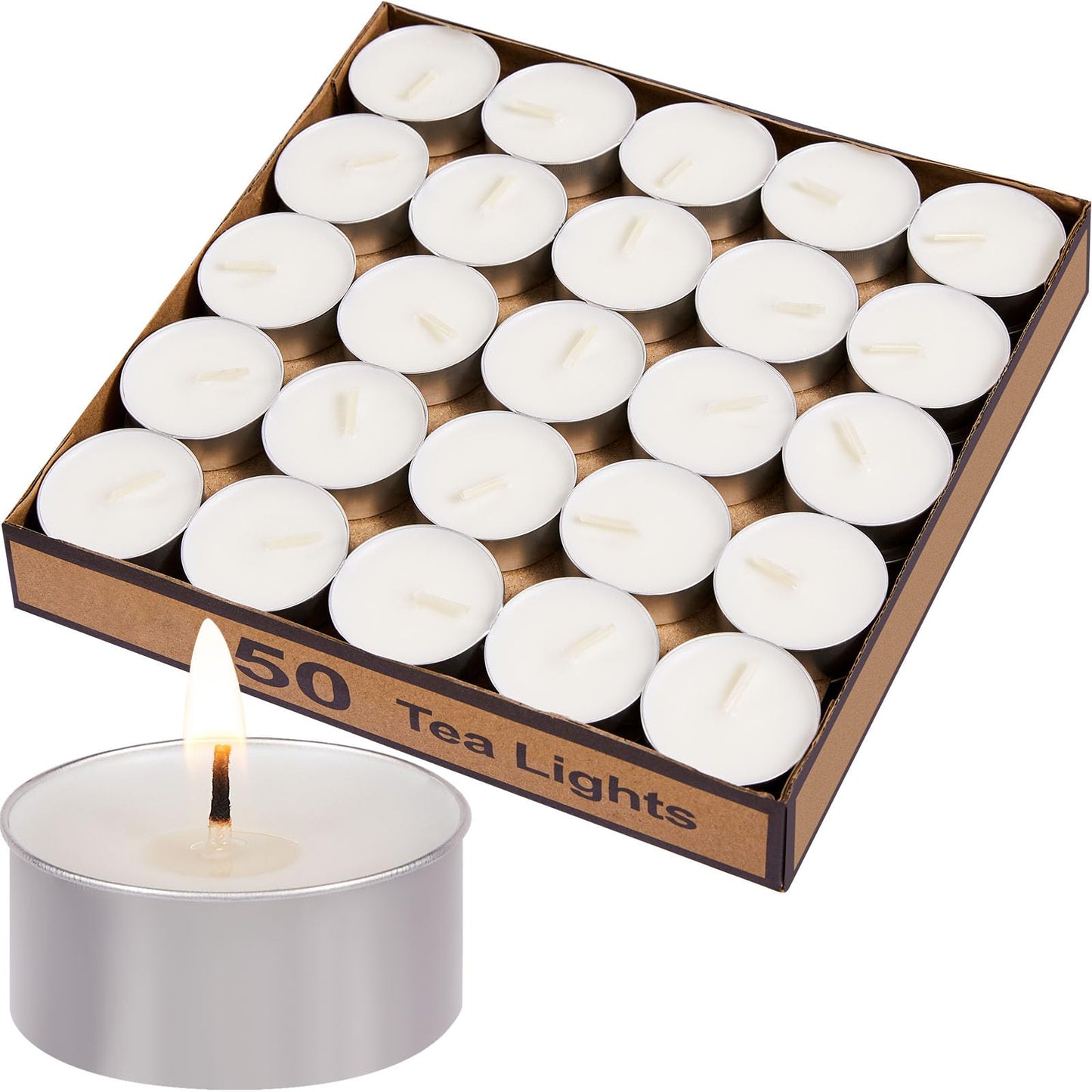 Hypmis Tea Lights Candles Bulk - 50 Pack, 4.5+ Hours Fully Burns Tealight Candles Unscented Smokeless Bright Flame Palm Tealights for Home, Christmas，Sabbath, Weddings & Halloween Decor, White