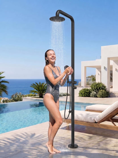 WCQQ 316 Stainless Steel Outdoor Floor Shower with 3 Functions, Matte Black Freestanding 10" Headshower & Handheld Shower for Backyard Patio Relaxation/Easy Garden Clean