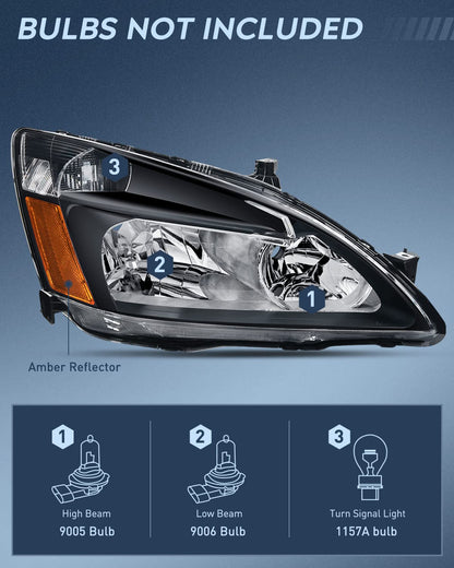 Nilight Headlight Assembly for 2003 2004 2005 2006 2007 Accord Replacement Headlamp Black Housing Amber Reflector