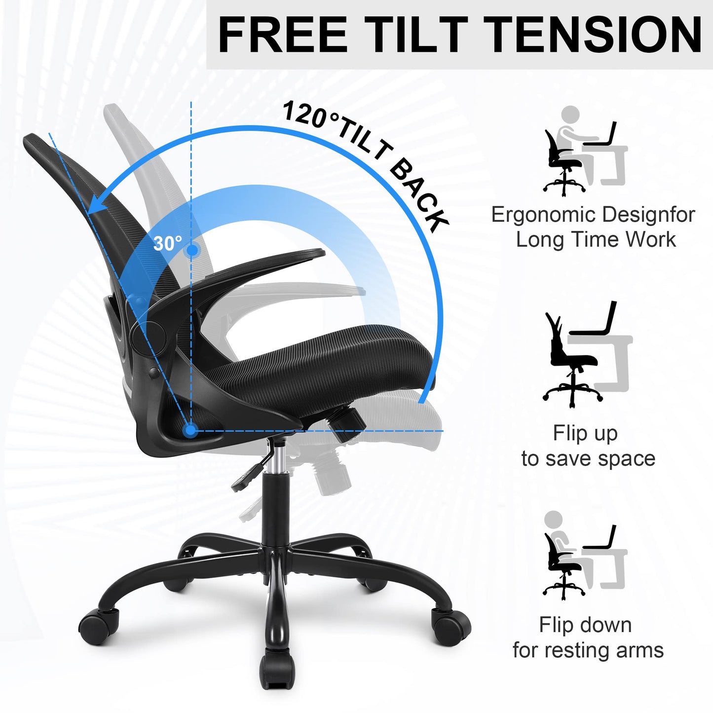 Primy Office Chair Ergonomic Desk Chair with Flip up Armrests Swivel Breathable Desk Mesh Computer Chair with Adjustable Lumbar Support and Height for Conference Room (Black)