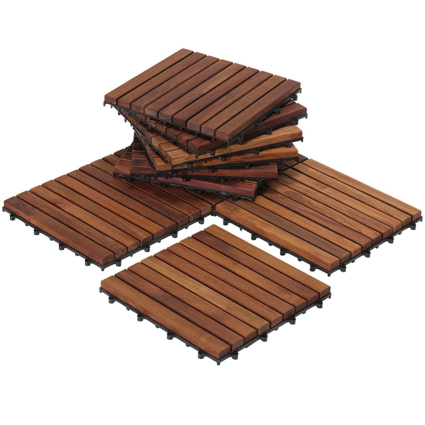 Bare Decor EZ-Floor Interlocking Teak Wood Flooring Tiles and End Pins (Set of 10 Tiles + 8 End Pins)