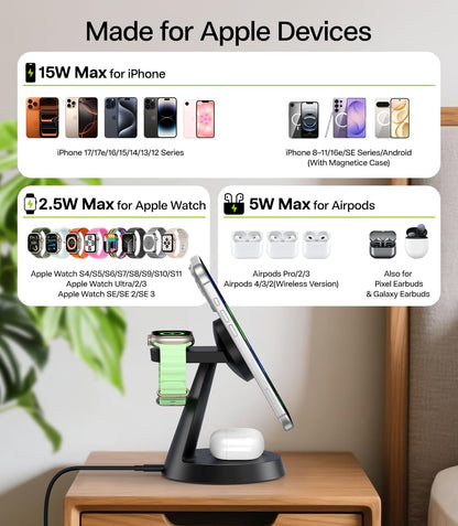 3 in 1 Charging Station for Apple Devices, 15W Fast Wireless Charger Compatible with MagSafe Charging Stand for iPhone 17 16 15 14 13 12 Series, Watch Charger Stand for Apple Watches & Airpods