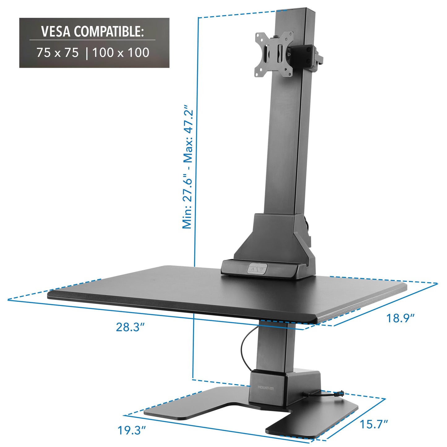 Mount-It! Electric Standing Desk Converter - Motorized Sit-Stand Desk Riser with Monitor Mount, Standup Powered Desktop Lift for Single Monitor up to 32", 28" Wide Keyboard Tray, Adjustable Height