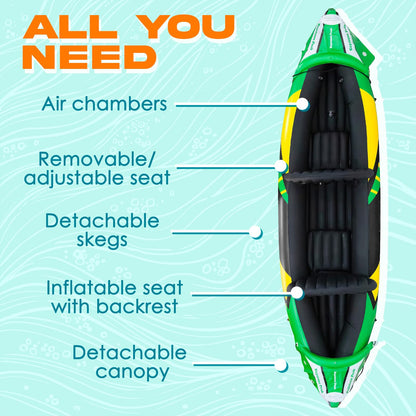 Keystone Peak Inflatable Kayak 2 Person with Detachable Sun Canopy – Heavy-Duty Tandem Kayak for Adults – Reinforced Paddles, Waterproof Phone Bags, Adjustable Seats, Extra Seat for Dog or Child